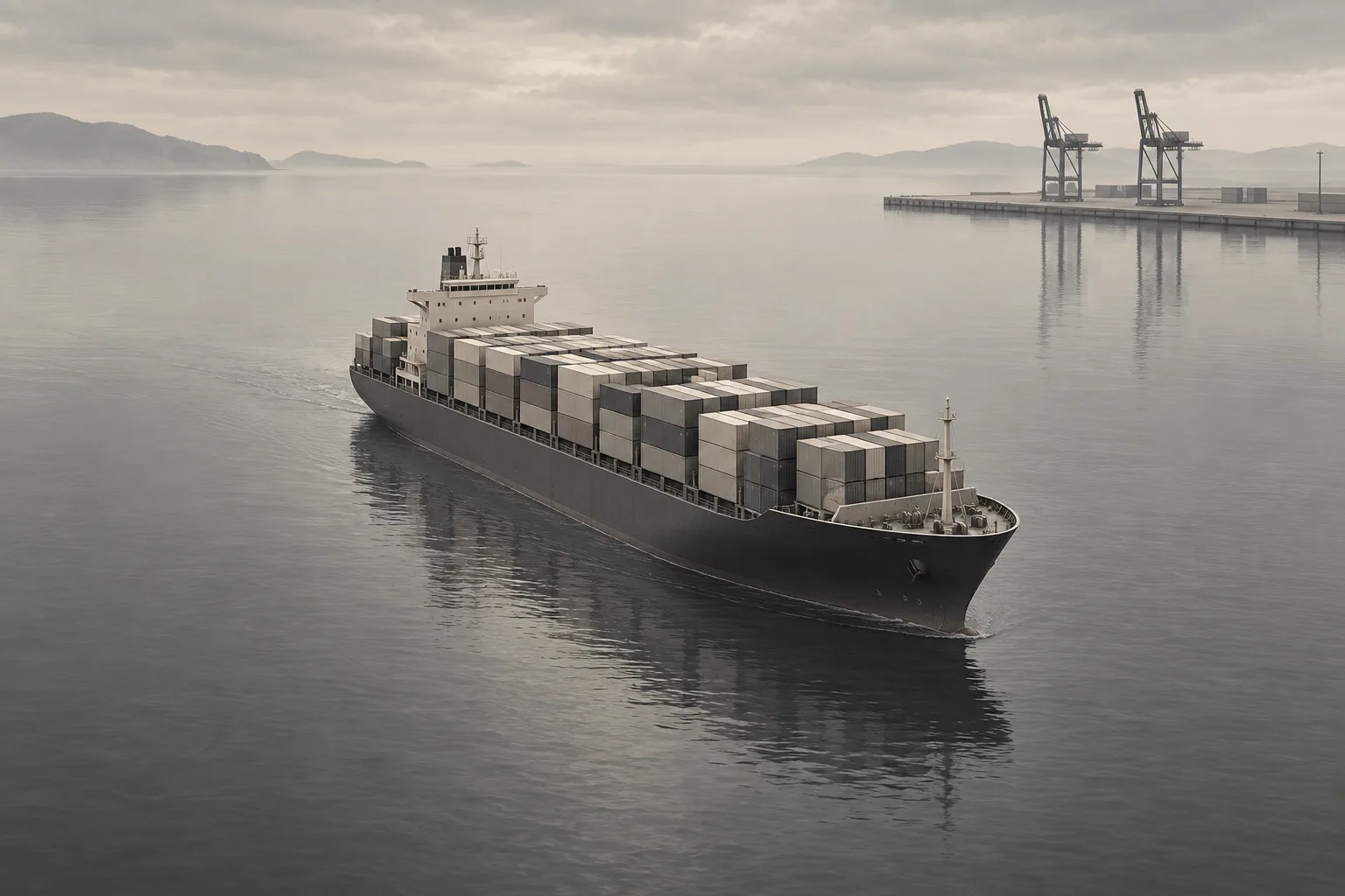 A conceptual container ship and port representing international sourcing, trade and distribution.